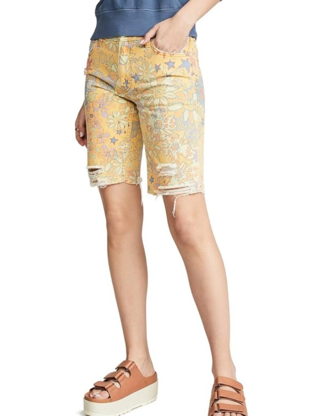 Free People We The Free Alani Printed Cutoff Yellow Floral Bermuda Shorts SZ 27 - Picture 3 of 9